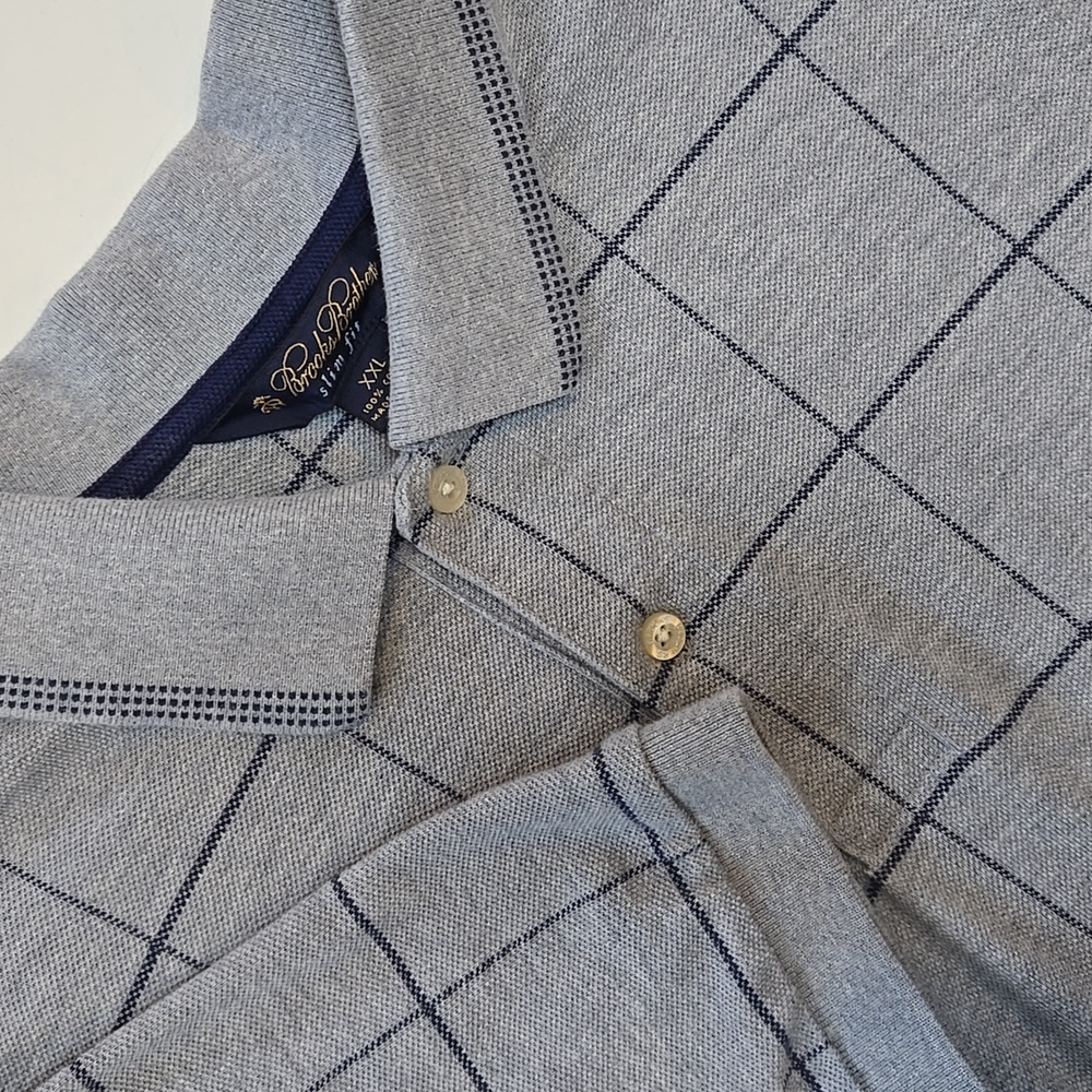 Brooks‎ Brothers Slim Fit Polo Shirt Men’s XXL Gray Windowpane Short Sleeve